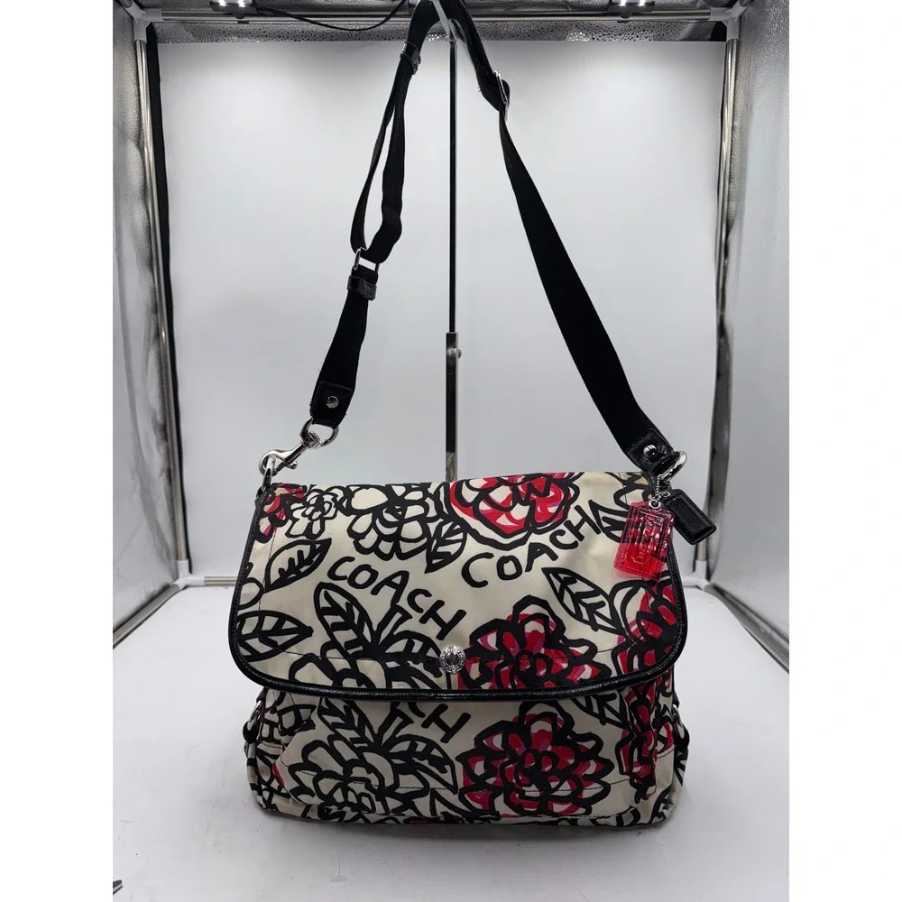 Coach Poppy Graffiti Floral Messenger Bag F16915 Crossbody Red Black Cream